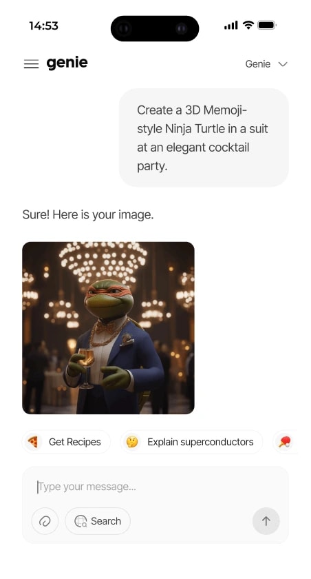 Preview of Genie AI mobile interface showing chat functionality